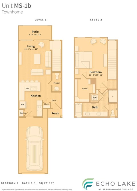 Floor plan for 1 bed, 1.5 baths, 997 sqft